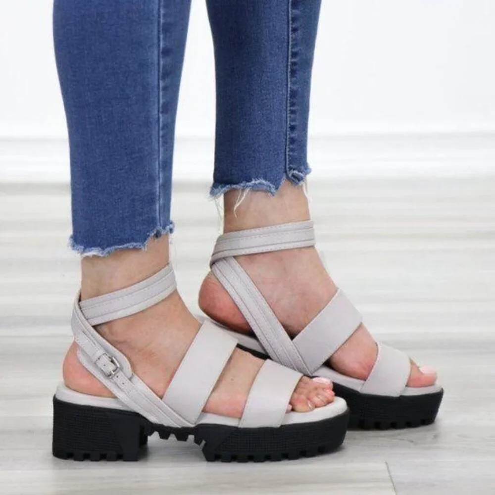 Gray Chunky Heel Sandals Multi Strap Buckle Closure Open Toe